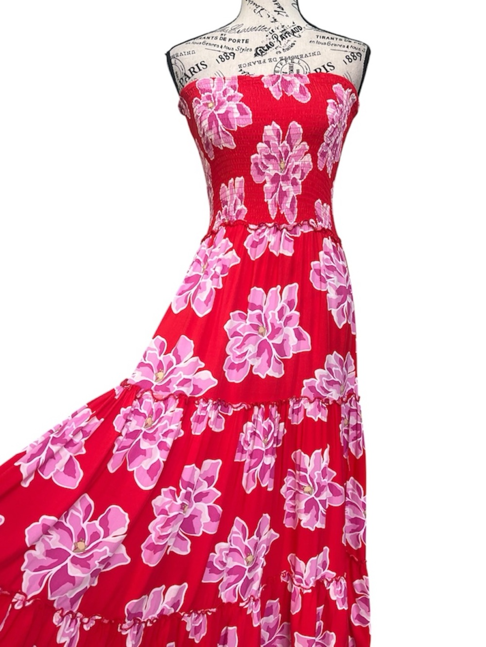 Strapless Red Floral Maxi Dress